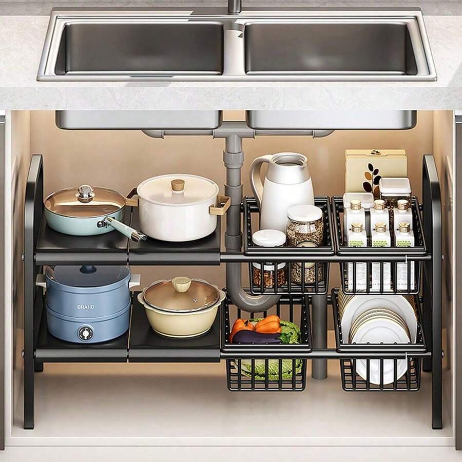 SpaceSaving Adjustable Under Sink Organizer 1/2-Tier With Non-Slip Pads - Expandable Kitchen/Bathroom Storage Rack, Rustproof Steel Shelf For Cabinets & Countertops (UK Stock)