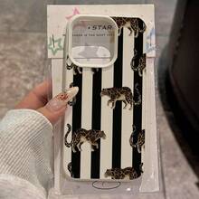 Striped 1pc TPU Material Elegant Black & White Striped Cheetah Pattern Phone Case Compatible With Iphone/Compatible With Samsung/ Phones - White - View 3