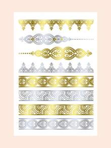 1 hoja de tamaño grande de arte corporal metálico dorado y plateado para mujeres y hombres, tatuaje en tatuajes temporales, pegatinas de patrón de mandala de henna, tatuaje falso a prueba de agua que dura de 2 a 5 días, cubre cicatrices, se puede usar en brazos, muñecas, hombros, piernas, cintura, cuello, mano, pecho, muslos, dedos, adecuado para fiestas, regalos, mejores amigos, viajes y vacaciones - Dorado - Ver 4