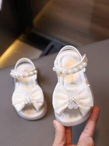 1 双婴儿熊装饰 PU 皮革凉鞋，软底幼儿女童露趾可爱蝴蝶结平底凉鞋，适合夏季 - 米色 - 查看 17