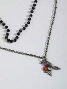 2pcs Gothic Style Black Faux Pearl Rhinestone Crow & Cage, European Rose Bird Necklace Set For Women - Gun Black - View 5