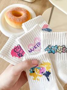 5双儿童涂鸦爱心熊袜子适合日常搭配男童女童儿童袜子 - 彩色 - 查看 3