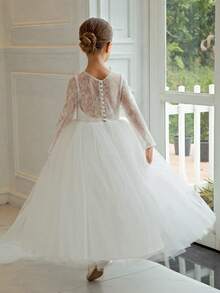 Đầm ren trắng dài tay cho bé gái tuổi teen, kiểu dáng công chúa thanh lịch, thích hợp cho các bữa tiệc ngày lễ, sinh nhật, ngày Valentine, dạ hội, bé gái cầm hoa, phù dâu, lễ cưới. - trắng - Xem 2