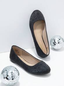 Women's Rhinestone Ballet Flats Glitter Slip-On Elegant Comfortable Round Toe Solid Color Valentines Party Wedding Shoes - Black - View 3