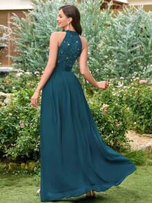 MIUSOL Đầm dạ hội hở lưng, chất liệu chiffon phối ren hoa đính sequin, màu tương phản, xếp ly, thích hợp cho khách dự đám cưới, lễ tốt nghiệp, tiệc chiêu đãi và các dịp khác trong mùa hè. - Màu xanh bụi bặm - Xem 3