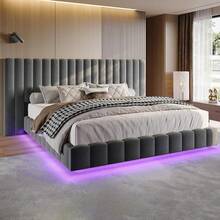 Modern Platform Bed Frame Queen/King Size With LED Lights, Velvet Upholstered Bed Frame With Oversized Headboard, Sturdy Construction, No Box Spring Needed, Cream , Grey , Black - Grey - View 1