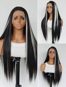 挑染灰金色蕾丝前假发长直发无胶渐变棕色混合金色 13x4 女士合成蕾丝前假发 24 英寸