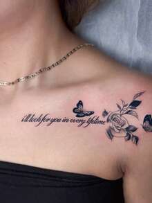 1 pieza Tatuaje temporal artístico de rosa, mariposa y letra inglesa inspiradora para la clavícula, romántico, a prueba de agua, a prueba de sudor, no reflectante, apto para uso diario de las personas. Duración de 7 a 14 días - Negro - Ver 3
