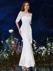 Đầm maxi ren toàn thân cổ chữ V, viền bèo nhún, thích hợp cho dạ hội, mùa thu, tiệc trang trọng, váy cưới trắng, váy cô dâu, cũng thích hợp cho sinh nhật, dạ hội, lễ tốt nghiệp, ngày lễ và các dịp khác. - trắng - Xem 8