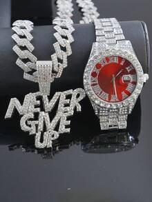 1 套 Bling Bling“永不放弃”吊坠项链、链、手链、男士手表、经典配饰,馈赠亲朋好友的绝佳礼物 - 紅色 - 查看 32