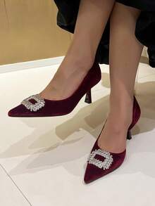 Fashionable & Elegant Rhinestone Decor Pointed Toe High Heels, Suitable For Commuting - Bordeaux - View 2