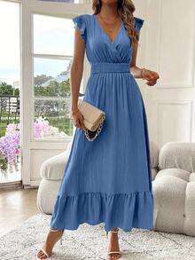 Vestido elegante informal con cuello en V y volantes para mujer,Vestido de vacaciones en la playa - Azul Marino - Ver 1