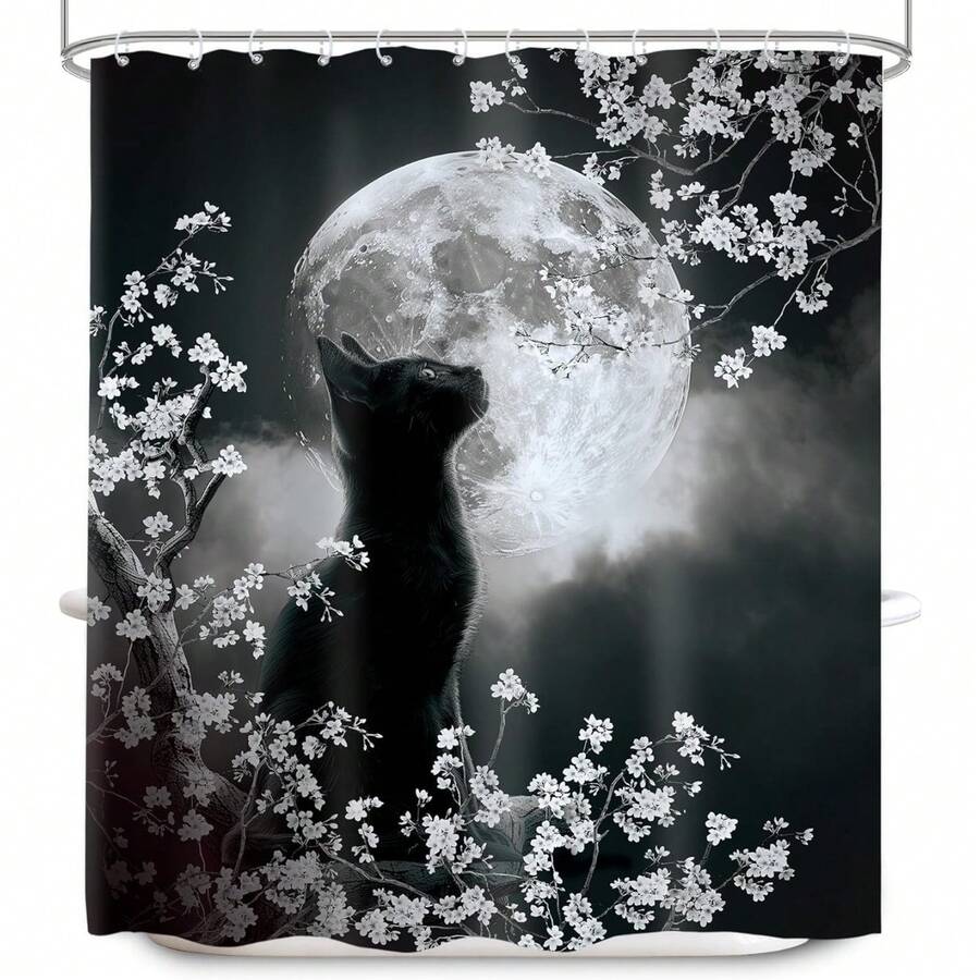 Rèm tắm hoa anh đào, 66x72 inch, vải polyester chống thấm nước họa tiết hoa anh đào mùa xuân thẩm mỹ Nhật Bản Châu Á Bộ trang trí phòng tắm kèm móc treo - Mèo H-moon - Xem 1