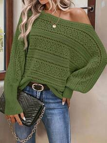 Womens Off Shoulder Sweaters Fall 2025 Oversized Knit Batwing Long Sleeve Crochet Pullover Sweater Tops - xanh quân đội - Xem 2