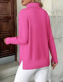 Women's Turtleneck Sweater Long Sleeve Spilt Hem Casual Knit Pullover Chunky Fall Winter Jumper Top 2025 - Màu Hồng Tươi - Xem 4