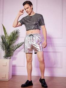 Men's Fishnet Mesh Tee Shirt Round Neck Short Sleeve Crop Top - 黑色固體 - 查看 6