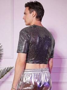 Men's Fishnet Mesh Tee Shirt Round Neck Short Sleeve Crop Top - 黑色固體 - 查看 8