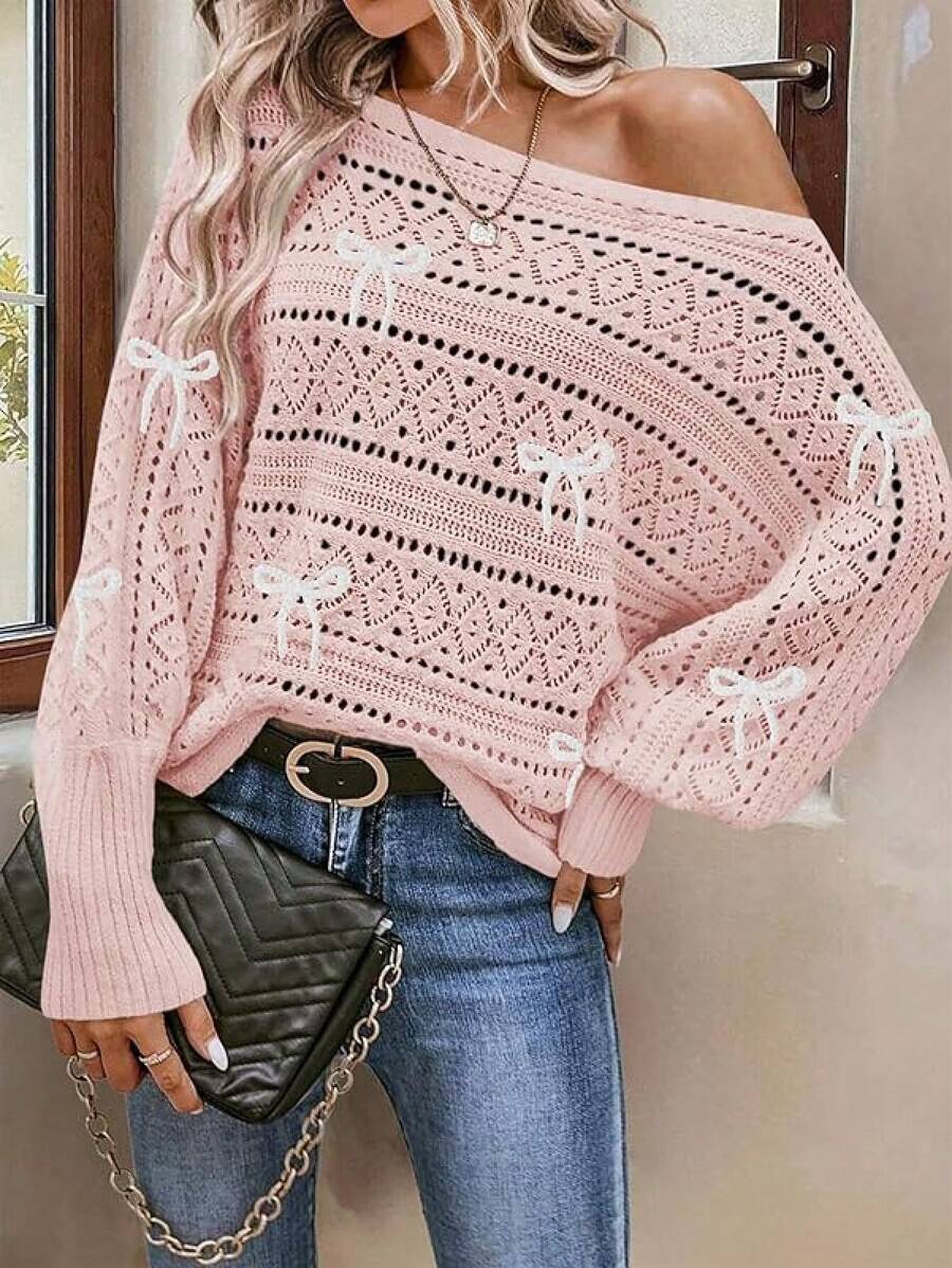 Womens Off Shoulder Sweater Top Fall Outfits Fashion 2026 Oversized Knit Batwing Long Sleeve Crochet Pullover Sweaters/Vacation Outfits Women/Valentine Outfits For Women - Z-白色蝴蝶結粉紅色 - 查看 1