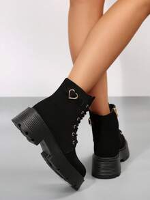 搭配任何牛仔裤，加大码女式系带粗跟踝靴，时尚侧拉链靴，多功能摩托车靴搭配牛仔裤 - 黑色 - 查看 6