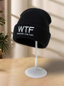 1pc Men's Embroidered Knit Beanie Hat, Stylish & Personalized For Fishing, Skiing, Camping, Elastic Pullover Hat, Autumn/Winter