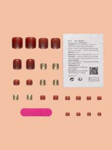 24 件短方形脚趾甲贴纸，米色闪光与纯米色指甲贴混合，包括 1 件指甲抛光膏和 1 件果冻凝胶按压指甲美甲用品