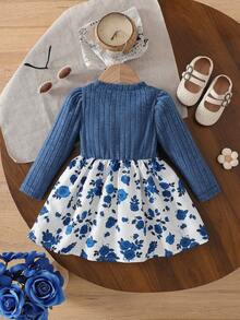 1pc Baby Girls Fluffy Polka Dot & Bow Decor Round Neck Puff Sleeve Patchwork Floral Print Dress For Autumn/Winter