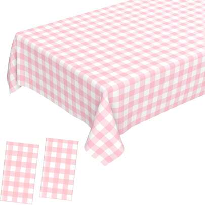 2 Packs Of Pink And White Checkered Tablecloths 54 X 108 Inches Disposable Party Picnic Tablecloths Splash Proof Plastic Checkered Tablecloths For Camping Decoration Party Gifts,Christmas Party Tablecloth, Halloween, Halloween Decoration Mother's Day Graduation