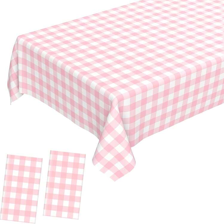 2 paquetes de manteles a cuadros rosa y blanco de 54 x 108 pulgadas, manteles desechables para fiestas y picnics, manteles a cuadros de plástico resistentes a las salpicaduras para camping, decoración de fiestas, regalos, fiesta de Navidad, Halloween, decoración de Halloween, Día de la Madre, Graduación - Multicolor - Añade 1