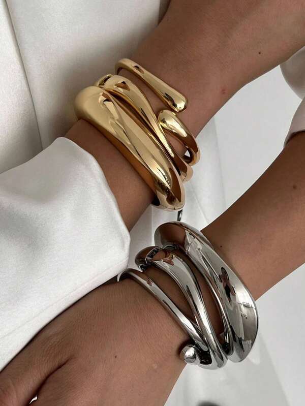 Set di 3 braccialetti a fascia in metallo dorato di stile geometrico minimalista e asimmetrico, con design a goccia, in stile punk e vintage, adatti per le donne, realizzati in metallo liscio e robusto in lega di zinco