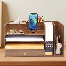 Desk Organizer With Adjustable File Holder, Mail Organizer Worktop With Drawer, 4-Tier Desktop Organization And Desk Accessories For Home Office School Supplies, Wooden File Folder - 櫻桃木色 - 查看 5