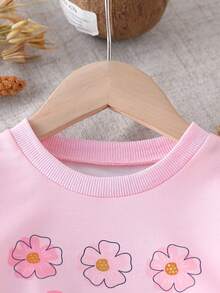 2pcs Baby Girls Floral & Letter Print Crew Neck Long Sleeve Sweatshirt And Pants Set, Cute Casual Everyday Outfit, Autumn/Winter - Pink - View 3