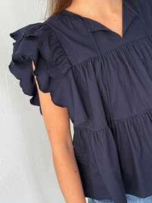 Women Ruffle Flying Sleeve Shirt Cute Babydoll Tiered Scallop Trim Flowy Blouse Y2k Going Out Top - Màu xanh hải quân - Xem 2