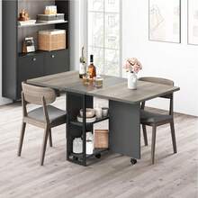 CuteHairy Foldable Drop Leaf Kitchen Table With 2 Storage Shelf, 6 Wheels - Grey - View 9