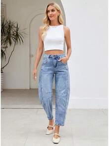 LookbookStore High Waisted Wide Leg Baggy Barrel Jeans Denim Jean Pantshalloween - 礁藍 - 查看 9