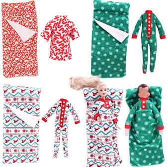 2 piezas Accesorios de disfraz de duende navideño, Conjunto de bata y saco de dormir para muñeca, Decoración navideña con estampado de reno, árbol de Navidad, copo de nieve y pan de jengibre, Adecuado para muñeca de duende de 30 cm (muñeca no incluida), Regalo de Navidad