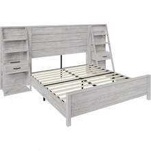 Farmhouse Platform Bed Frame With Wide Headboard & 4-Tier Bookshelves, Charging Station, 2 Storage Drawers, Noise-Free, No Box Spring Needed - 質樸的白色 - 查看 10