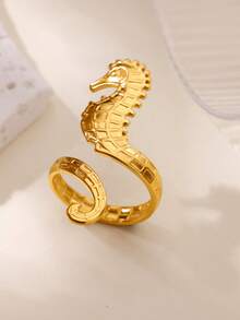 Anel em aço inoxidável banhado a ouro 18K com cavalo-marinho em zircônia azul, acessório de joalheria com tema oceânico, presente de Natal para namorada/filha.