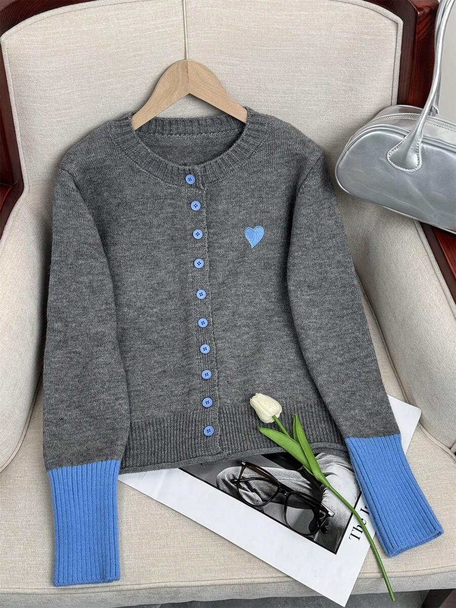 Wixra 秋冬新款韩版撞色针织开衫毛衣女外套时尚针织上衣 - 灰色 - 查看 1