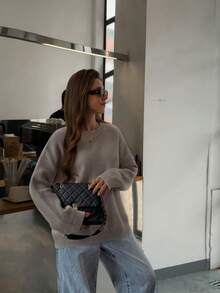 FOR BEAUTY 秋冬新款卡其色圆领休闲宽松长袖针织套头衫，中长款，日常百搭，通勤针织衫，柔软舒适，可单穿。 - 卡其色 - 查看 5