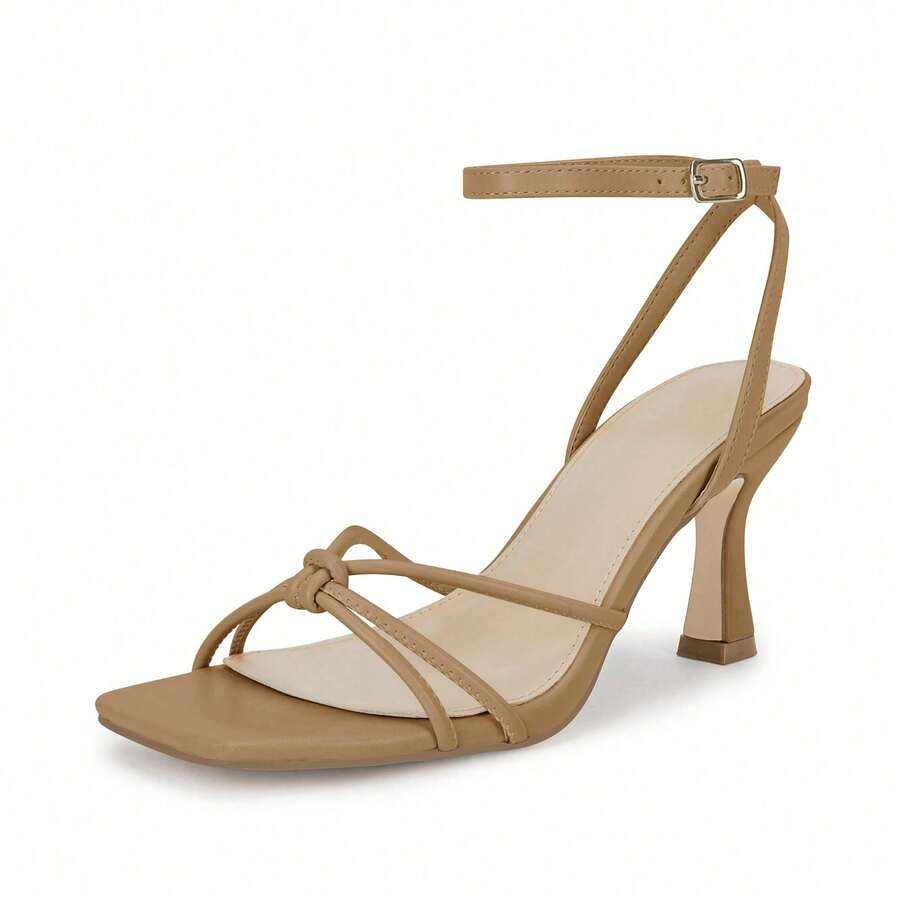 Women Square Open Toe Ankle Buckle Slingback Kitten Heels Summer Dress Sandals - Khaki - View 1