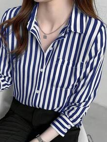 女士条纹长袖口袋宽松休闲通勤衬衫，春秋季 - 藍白色 - 查看 5