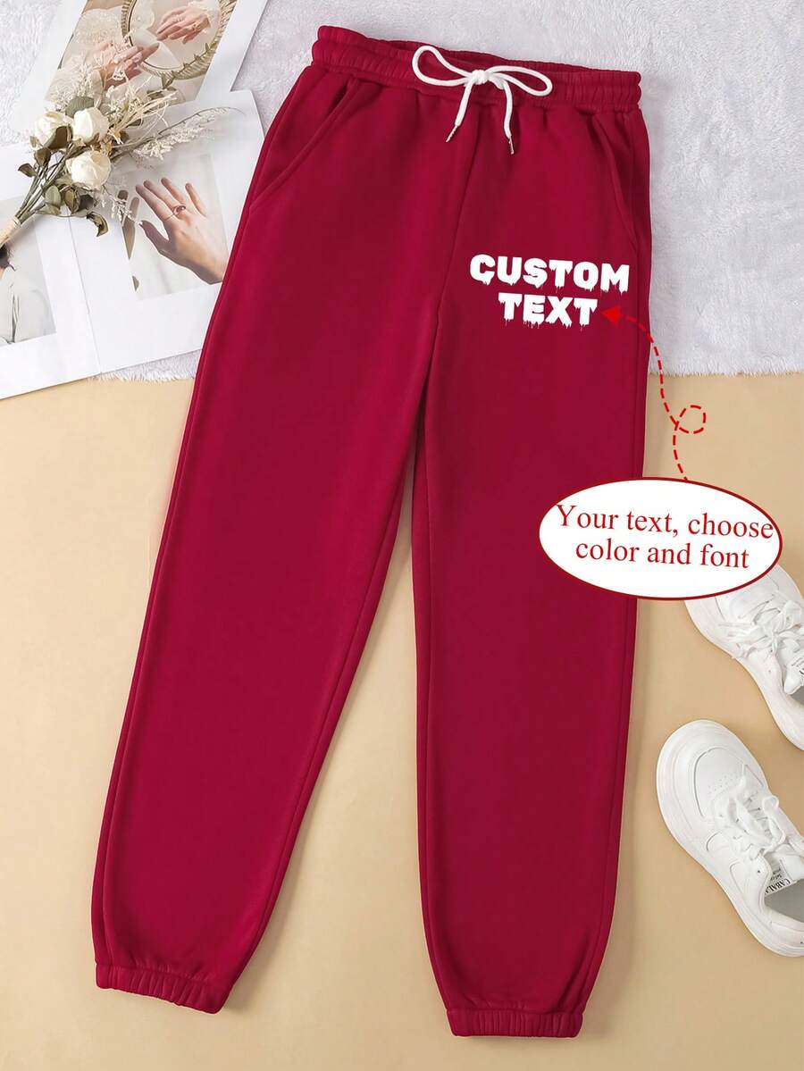 Customized Women's Sports Sweatpants - Customized Fleece And Thickened Pants, Add Your Text, Choose Font And Color, Sweatpants Customization, Custom Autumn And Winter Special Sports Pants, Design Your Own Personalized Pants As A Gift For Girlfriend, Family, Yourself, Anniversary, Festival, Etc. Customized Gifts, Customized Pants, Customized Text Pants, Women's Pants - Burgundy - View 1