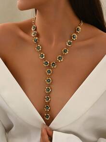 1 件复古夸张时尚微镶嵌蓝色仿绿松石花朵拼布 Y 形流苏长项链，奢华金色花卉毛衣链项链配饰适合女性日常、宴会、派对穿着 - 金色 - 查看 1