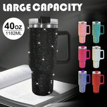 40oz Tumbler With Handle & Straw Lid, Studded Bling Design, Stainless Steel Double Wall Vacuum Insulated, Travel Mug Water Bottle, Fits Cup Holder - 黑色 - 查看 4