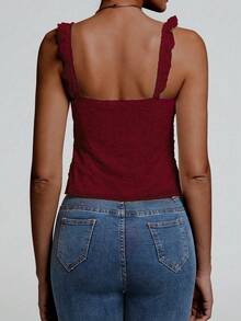 性感蕾丝设计，荷叶边肩带，蝴蝶结装饰，蕾丝拼接无袖上衣，春夏新款休闲装 - 酒紅色 - 查看 2