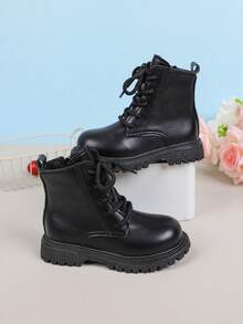 1 双儿童黑色 PU 靴，带侧拉链，厚底靴，适合男孩和女孩、小学生和中学生，四季皆宜，通勤、度假、聚会