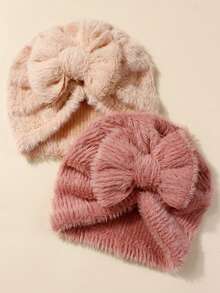 2pcs Cute Fluffy Bow Baby Hat Set, Suitable For Children Everyday Use In Autumn/Winter - Multicolor - View 6