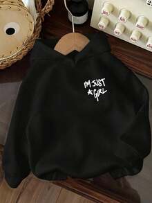 Tween Girl "I'M JUST GIRL" Slogan Print Casual Sweatshirt. Thermal Lined Warm And Comfortable Pullover Sweatshirt, Autumn/Winter - Black - View 4