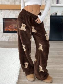 Pantalones largos anchos de felpa tipo teddy con estampado de oso de dibujos animados y cordón en la cintura, ropa de mujer de otoño/invierno