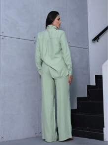 2025 Summer Women Casual Two Piece Set, Solid Color Cardigan With Pocket, Casual Wide Leg Pants, Daily Outfit